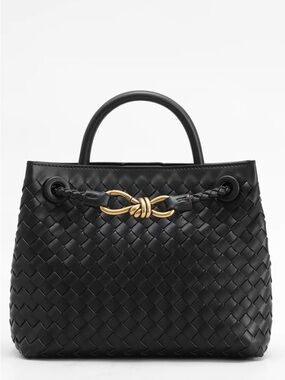 Woven Leather Top-Handle Tote with Gold Knot Accent